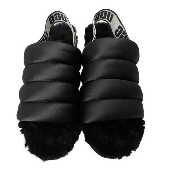 UGG Slipper Slides Womens Size 5 Puff Yeah Black Satin Sheepskin Slingback - Picture 2 of 3